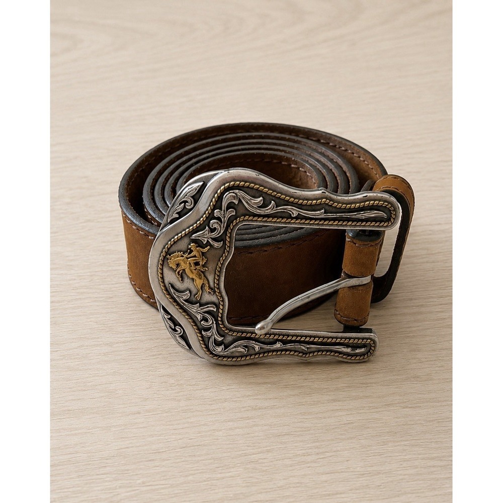 Justin Top Grain Leather Western Belt Size 44 Brown Cowboy Rodeo Buckle USA